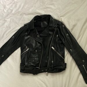 All Saints Eaves palm tree black leather moto jacket